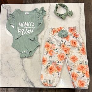 Green Baby Bodysuit and Floral Pants Set